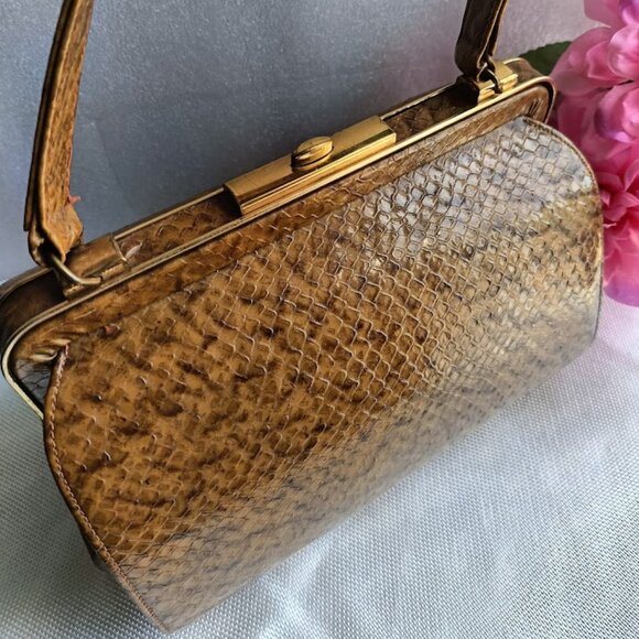 👜WIEN Vintage cylindrical caramel reptile / snake skin handbag - Picture 4 of 14